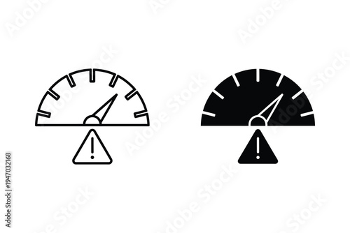 Speedometer icon with warning symbol, indicating speed, performance, or alert status in outline and solid.