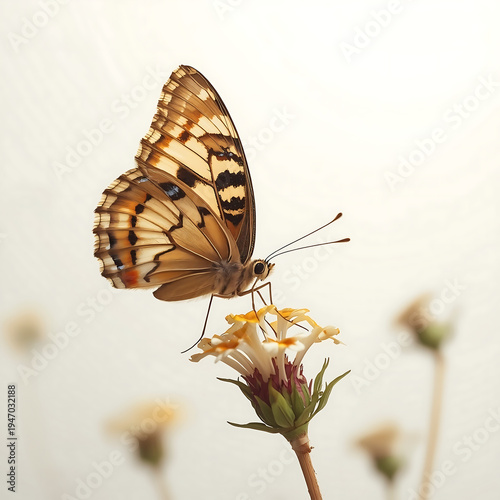 A beautiful butterfly perched on a small yellow flower in a serene outdoor setting