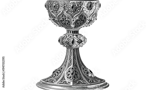 Ornate ceremonial chalice illustration, detailed metal engravings, gemstone embedded goblet design, fleur-de-lis decorative motifs, historical religious artifact, 