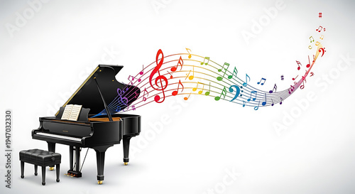 Classical grand piano with vibrant flying music symbols and clef