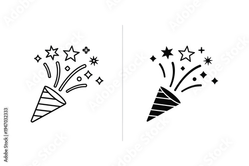 Party Popper Icon Exploding with Confetti and Stars, Festive Celebration Graphics