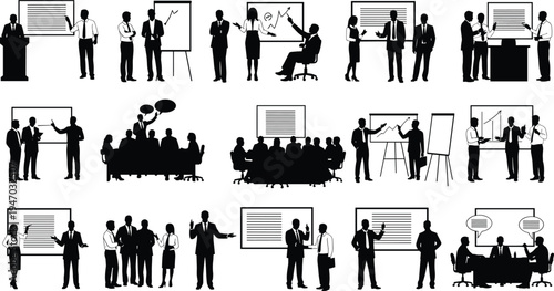 Business presentation and meeting silhouettes set with office teamwork, conference discussion and training seminar scenes vector illustration collection isolated on white background