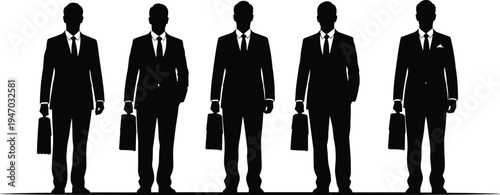 Businessmen silhouettes standing with briefcases in formal suits, corporate professionals team concept, office leadership and management vector illustration isolated on white background