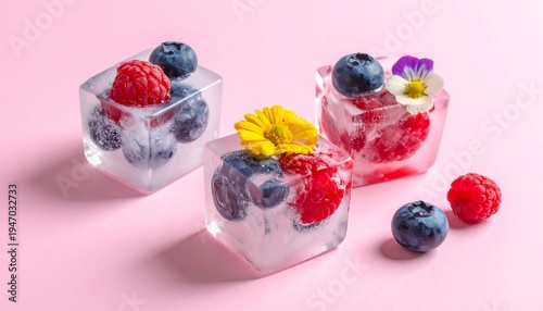 Three ice cubes encasing colorful berries and edible flowers rest on a pastel pink background, creating a visually appealing arrangement
