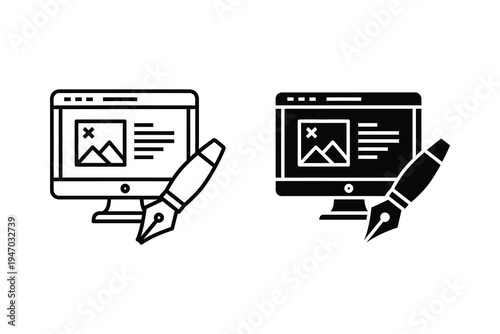 Web Design and Content Creation Icon with Monitor and Pen