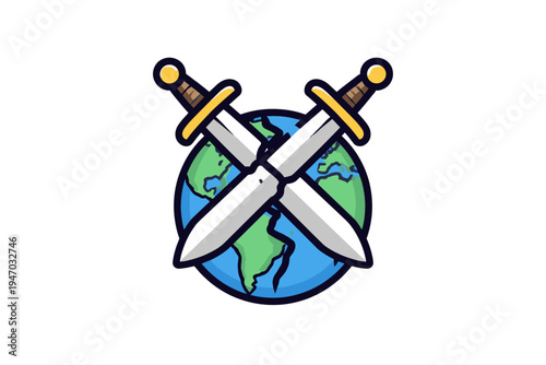 Crossed swords over a cracked cartoon globe