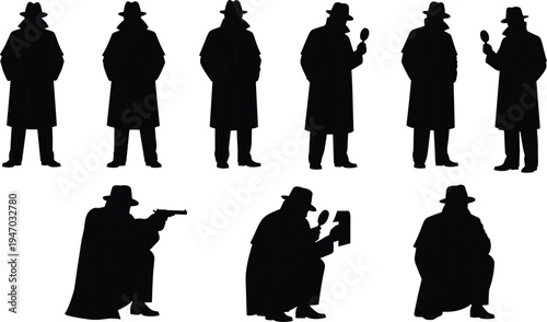 Detective silhouettes collection with magnifying glass, investigation poses and classic trench coat character, mystery crime investigation vector illustration isolated on white background
