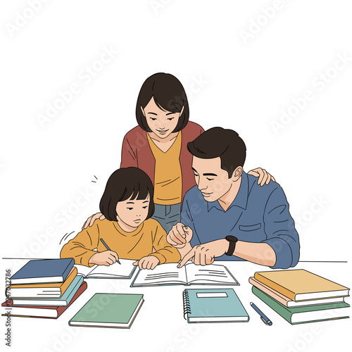Family doing homework together at table.