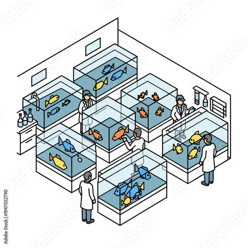 Isometric view of a laboratory with scientists observing fish in tanks for research.