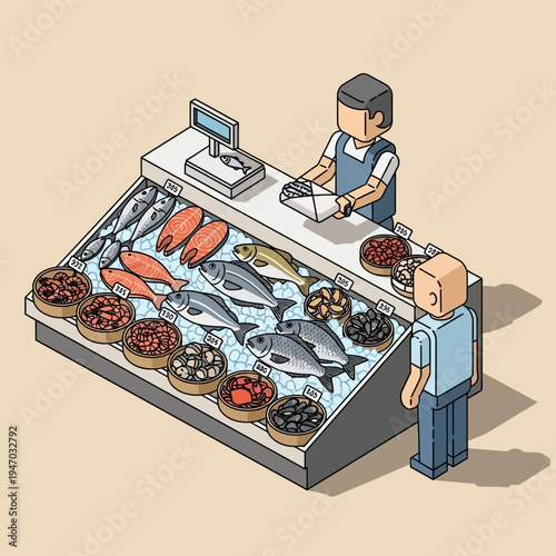 Isometric illustration of a fishmonger shop with a customer and various seafood displayed.