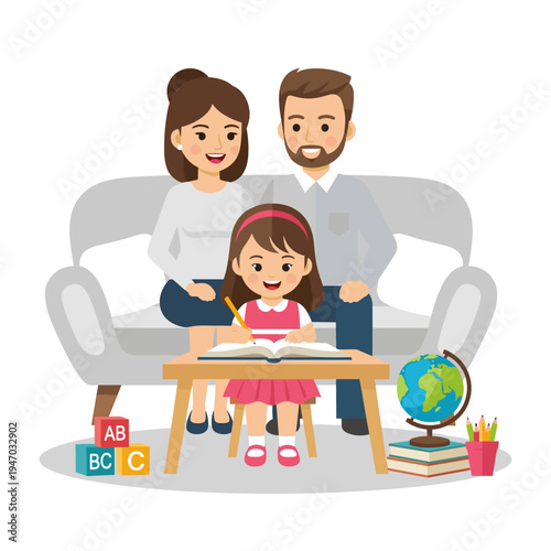 Family with little girl studying.