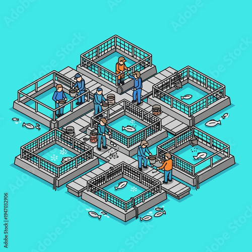 Isometric illustration of a fish farm with workers tending to the aquatic livestock.