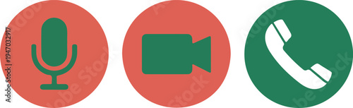 Communication Media Icon Set with Microphone Video Camera and Phone Symbols in Red and Green Circular Buttons Vector
