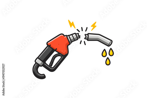 Broken fuel pump nozzle with dripping gasoline and lightning bolts