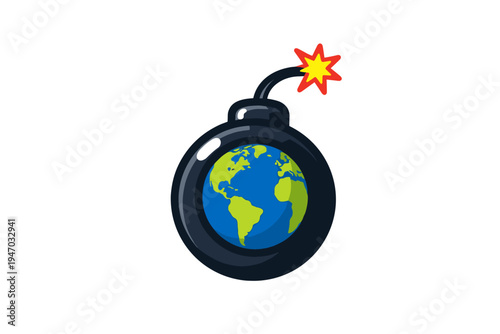 Exploding Earth bomb icon with fuse and bright yellow starburst