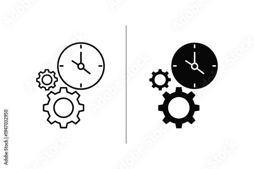 Time Management Productivity Icon - Clock with Gears Outline & Solid Vector