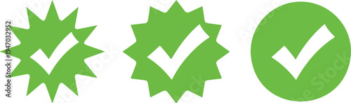 Green Checkmark Approval Badge Icon Set in Starburst Scalloped and Circular Shapes Verified Confirmation Symbol Vector Illustration
