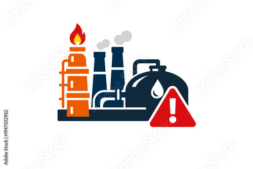 Industrial complex with alert symbol and flame on chimney