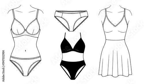 Women’s Lingerie and Swimwear Outline Set with Bra, Panties, Bikini and Summer Dress Templates for Fashion Apparel Design Illustration