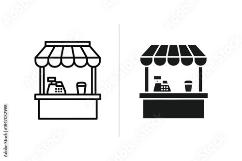 Market Stall and Cash Register Icons: Retail, Sales, and Business Concepts