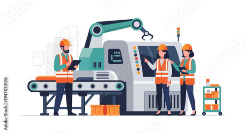 Industrial Automation & Smart Factory Operations: Engineers and Workers Overseeing Robotic Production Line with Conveyor System