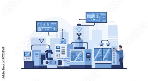 Smart Factory Automation with IoT Connectivity & Remote Monitoring. Industry 4.0 Digital Manufacturing Technology