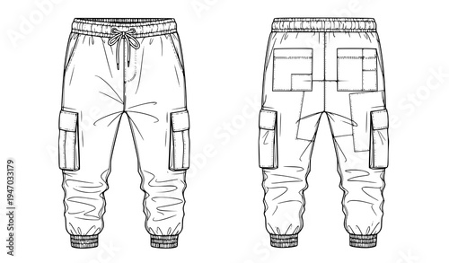 Men’s Cargo Pants Front and Back View Outline with Pocket Details, Casual Streetwear Trousers Template for Fashion Apparel Design and Technical Drawing