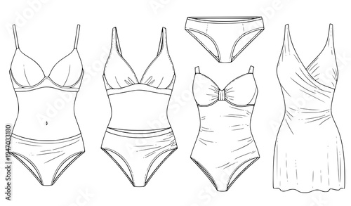 Women’s Swimwear and Lingerie Outline Collection with Bikini, One Piece Swimsuit, Bra and Panties Templates for Fashion Apparel Design Illustration