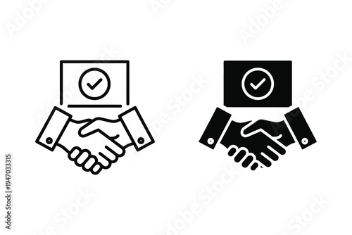 Handshake with checkmark icons: outline and solid black vector graphics