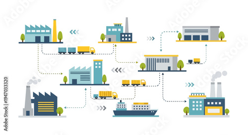 Global Supply Chain and Logistics Network Process Diagram with Industrial Buildings and Transportation