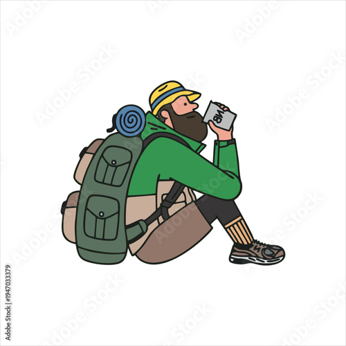 Man with backpack drinking hot coffee hiking illustration