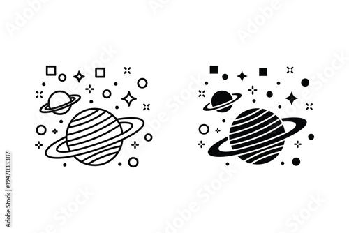 Stylized Planet Icons with Rings and Stars - Cosmic and Space Exploration Theme