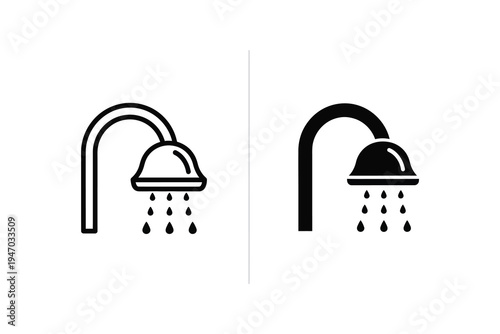 Shower Head Icon in Outline and Solid Styles, Representing Bathing and Water Flow