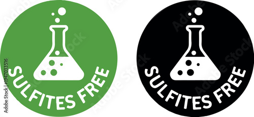 Sulfites Free Badge Set with Laboratory Flask Icon Round Organic Food Label Design for Healthy Chemical Free Product Packaging
