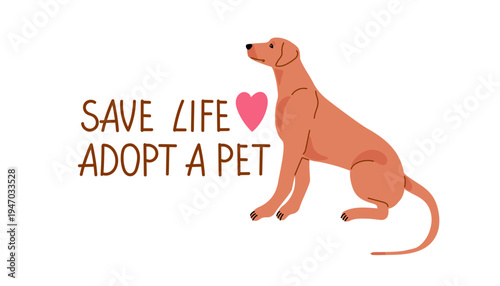 Rhodesian Ridgeback dog sits in profile. Safe life adopt a pet Text. Pet adoption and safety. Minimal clean style. Vector illustration for animal shelters, adoption campaigns, dog lover content.