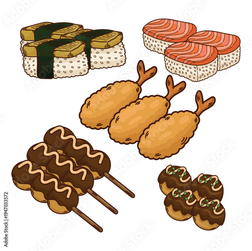 Illustration of salty and spicy japanese food street or restaurant food of eggs salmon octopus