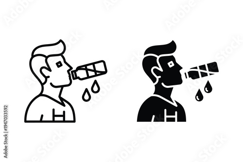 Hydrating Person Drinking Water Icon - Outline & Solid Silhouette Vector