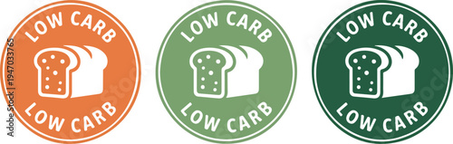 Low Carb Food Label Badge Set with Bread Loaf Icon, Healthy Diet Round Sticker Vector Collection for Nutrition