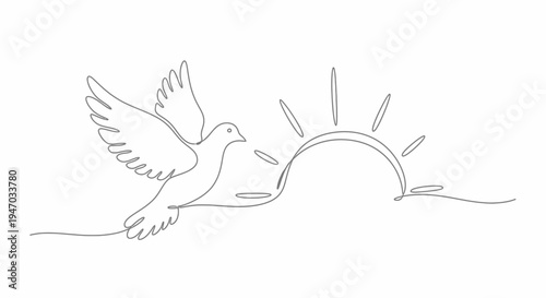 Single line drawing of a dove flying towards the sunrise, symbol of peace and hope