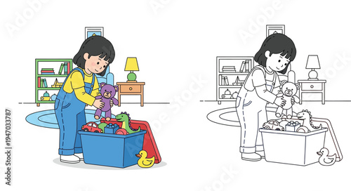 Cute little girl putting toys in toy box. Split colored illustration and black and white line art vector for kids coloring book. Room interior design with teddy bear, dinosaur and car.