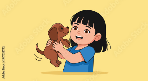 Little girl holding cute brown puppy.