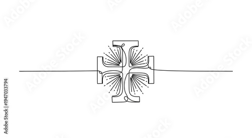 Minimalist Cross Symbol Continuous Line Art with Rays on White Background