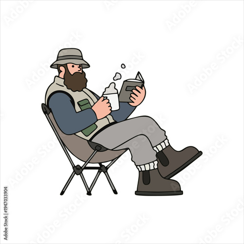 Man reading book while camping illustration