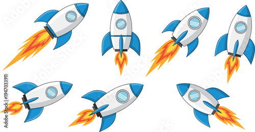 Cartoon rocket ship vector set with flames and space launch positions, cute spacecraft collection for startup concept, space exploration illustration