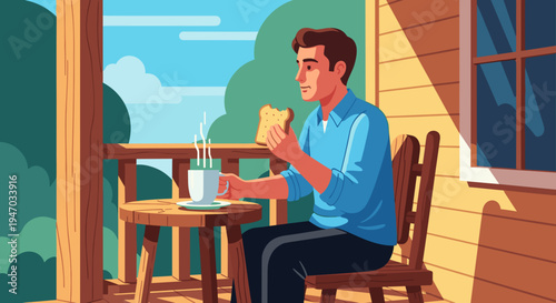 Man sitting on chair eating toast.
