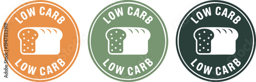 Low Carb Food Label Badge Set with Bread Loaf Icon, Healthy Diet Round Sticker Vector Collection for Nutrition