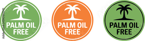 Palm Oil Free Eco Label Badge Set with Palm Tree Icon, Round Organic Food Sticker Vector Illustration Collection