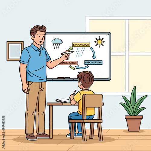 man teaching boy in classroom.