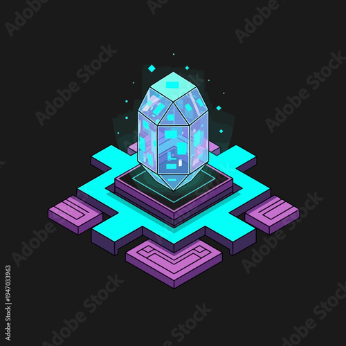 Isometric illustration of a glowing crystal structure atop a technological platform, radiating energy.