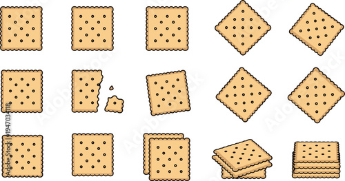 Cracker biscuit vector set with square salty snacks, broken and stacked crackers collection for bakery food illustration, crispy snack icons